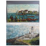 INDISTINCTLY SIGNED acrylics on board (2) - Impressionistic coastal views, 46 x 81cms and 46 x