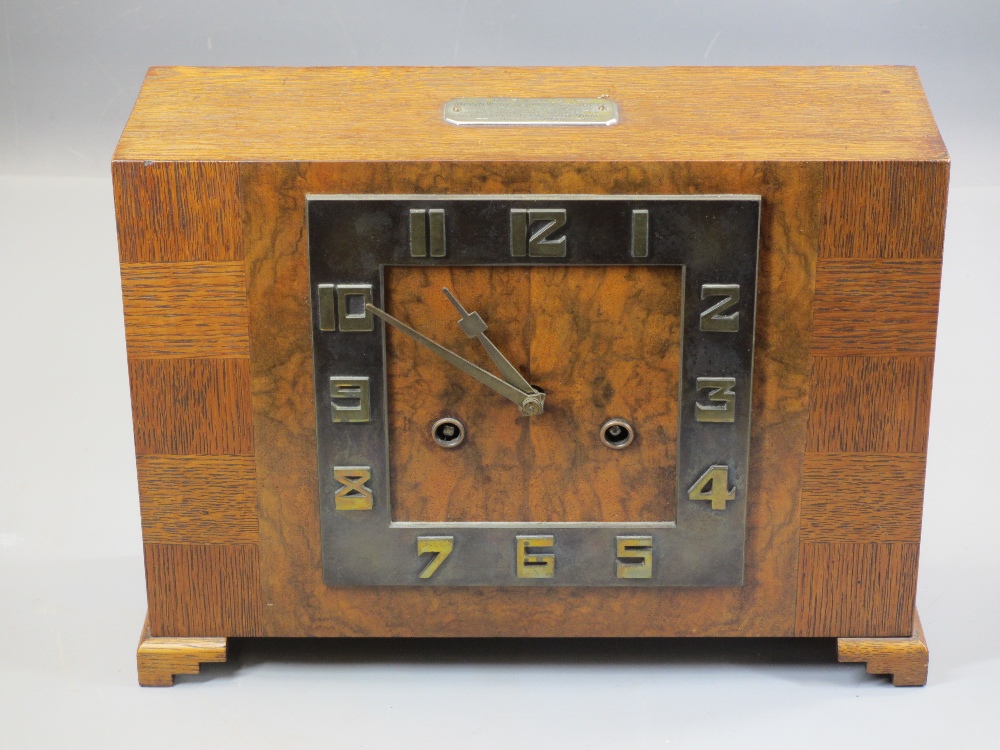ART DECO CLOCKS - an excellent crossbanded mantel clock on bracket feet, bearing plaque 'Presented - Image 2 of 4