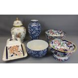 AMHERST IRONSTONE PEDESTAL BOWLS (2), Staffordshire cheese dish, Royal Doulton Blue & White bowl,