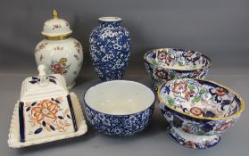 AMHERST IRONSTONE PEDESTAL BOWLS (2), Staffordshire cheese dish, Royal Doulton Blue & White bowl,