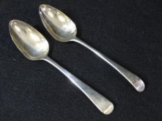 SILVER GEORGE III TABLESPOONS (2), London 1791, Thomas Ollivant, 22cms L and London 1814, William