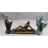 ART DECO FIGURINES (3) - a bronze dancing figure on a marble plinth After Dimitri Chiparus, bears