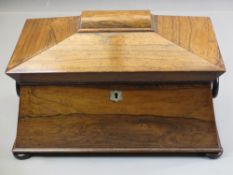 SARCOPHAGUS TEA CADDY - antique walnut with mother of pearl escutcheon on bun feet, 35cms H, 23cms