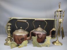 ANTIQUE COPPER KETTLES, a pair of brass candlesticks, fire irons with stand and spit guard, ETC