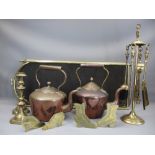 ANTIQUE COPPER KETTLES, a pair of brass candlesticks, fire irons with stand and spit guard, ETC