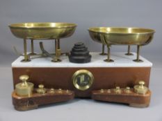 VINTAGE SHOPKEEPER'S SCALES with brass trays and weights and a marble top surface