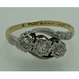 18CT GOLD & PLATINUM 3 STONE DIAMOND CROSSOVER RING, size M I-J, 3.2grms