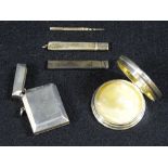 SILVER - SMALL, 4 ITEMS and a white metal toothpick to include a vesta case inscribed '14th February