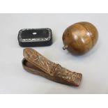 VINTAGE TREEN & OTHER BOXES (3) to include a 19th century carved shoe vesta case, papier mache snuff