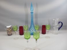 ART GLASS - bobble type lidded decanter, two jugs and a set of six antique style hock glasses, ETC