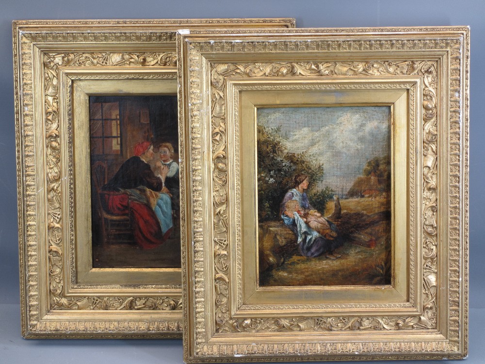 ENGLISH SCHOOL oil on canvas (2) - genre scenes, in ornate frames, 22 x 16cms