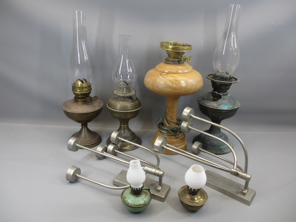 VINTAGE OIL LAMPS, modern white metal wall mount candle sconces and a turned wooden electric lamp