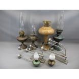 VINTAGE OIL LAMPS, modern white metal wall mount candle sconces and a turned wooden electric lamp