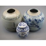 CHINESE GINGER JARS - two with no lids, 16cms the tallest and a later lidded vase