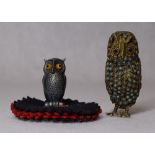 SILVER SAMPSON MORDAN & CO NOVELTY OWL PIN CUSHION and a vintage brass owl set with semi-precious