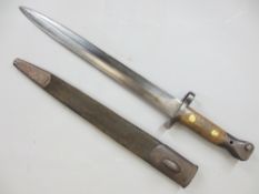 ENFIELD P 1888 DOUBLE EDGED BLADE BAYONET with metal mounted leather scabbard, blade stamped with