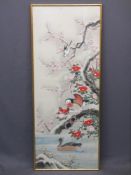 LARGE ORIENTAL PAINTED PANEL - birds amongst snowy blossom filled branches, mounted behind glass