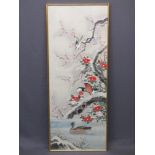 LARGE ORIENTAL PAINTED PANEL - birds amongst snowy blossom filled branches, mounted behind glass