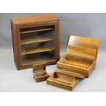 TREEN - vintage oak shelved single door tabletop cabinet, cigarette box and two other boxes
