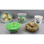 MAJOLICA TYPE PLANTER & PLATE, Portmeirion planter, Beswick Greenleaf dish and an old spittoon