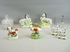 STAFFORDSHIRE FIGURES - a near pair of zebras, 17cms tall, a dog, a ram and a pair of similar