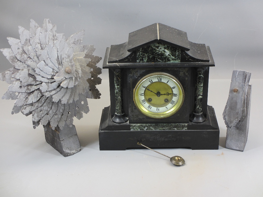 SLATE MANTEL CLOCK - with marble front, brass bezel and Roman numerals on a painted and brass