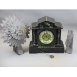 SLATE MANTEL CLOCK - with marble front, brass bezel and Roman numerals on a painted and brass