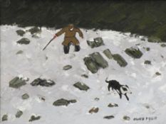 OWEN MEILIR oil on board - farmer on a snowy hillside with a dog, 29 x 39.5cms