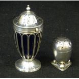 SILVER HALLMARKED SUGAR SIFTER & AN EGG SHAPED PEPPER POT - Birmingham 1908, neoclassical design