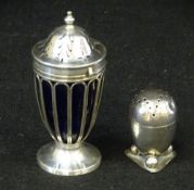 SILVER HALLMARKED SUGAR SIFTER & AN EGG SHAPED PEPPER POT - Birmingham 1908, neoclassical design