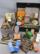 VINTAGE TOOLS, flat irons, shoe last. Also, a deed tin and old advertising tins