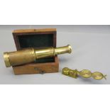 VINTAGE BRASS SOVEREIGN BALANCE and a Ross London brass two draw telescope in a teak box