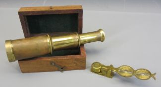 VINTAGE BRASS SOVEREIGN BALANCE and a Ross London brass two draw telescope in a teak box