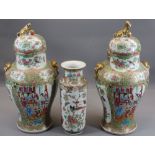 LATE 19TH CENTURY CHINESE CANTON DECORATED JARS WITH COVERS and a vase (damages and restorations)
