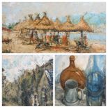 ALAN MACKAY acrylic on board - tropical beach scene with straw umbrellas, Impressionistic painting