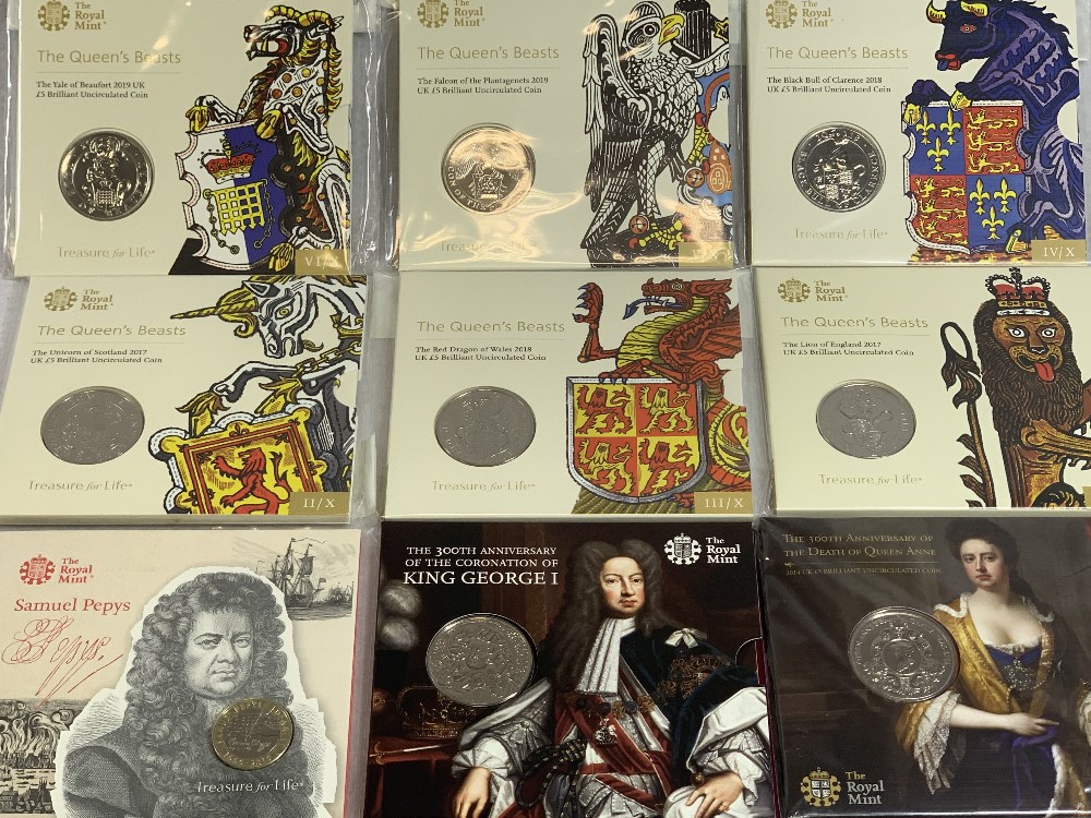 THE ROYAL MINT - The Queen's Beasts and others, uncirculated coins 2 x 2017, 2 x 2018, 2 x 2019,