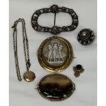 VICTORIAN & LATER JEWELLERY, 6 ITEMS - a Moss agate oval set in a pinchbeck frame, 6cms across,