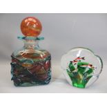 MDINA SIGNED DECANTER & STOPPER 20cms H with Murano ?? style aquarium fish paper weight, 12cms H
