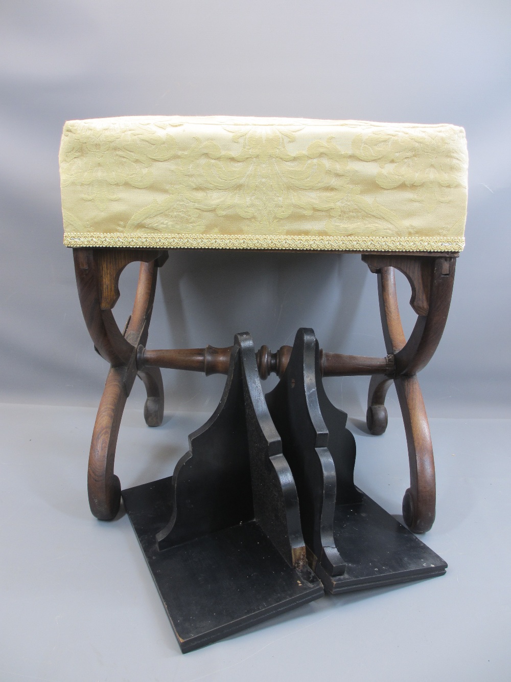 FOOT STOOL - antique mahogany X frame, 50cms H, 46cms W, 40cms D and a pair of ebonised wall