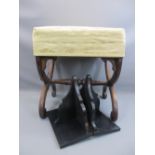 FOOT STOOL - antique mahogany X frame, 50cms H, 46cms W, 40cms D and a pair of ebonised wall