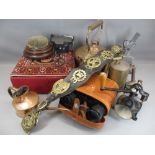 MISCELLANEOUS METALWARE including antique copper kettle, horse brasses, slate fan, pin cushion and