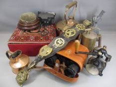 MISCELLANEOUS METALWARE including antique copper kettle, horse brasses, slate fan, pin cushion and