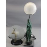 ART DECO LAMPS (2) - a composition nude lady on a chrome base with a circular glass shade, 57cms