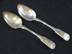 SILVER PETER & WILLIAM BATEMAN TABLESPOONS, A PAIR - London 1809, 4ozt, monogrammed, 22cms L