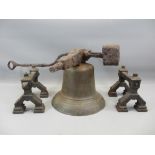 CAST IRON FIRE DOGS, A PAIR and a vintage cast schoolhouse bell (no clapper)
