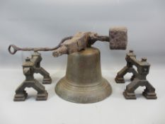 CAST IRON FIRE DOGS, A PAIR and a vintage cast schoolhouse bell (no clapper)