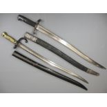 SWORD BAYONETS (2) to include a French M1866 Chassepot with metal scabbard, 22.5in blade L, 71cms