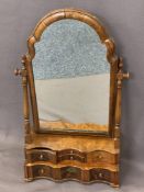 QUEEN ANNE STYLE WALNUT SERPENTINE FRONT DRESSING MIRROR - with shaped moulding on turned supports