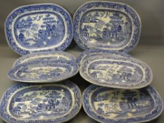 WILLOW PATTERN BLUE & WHITE MEAT PLATTERS (8), two measuring 36 x 45cms, the remainder 32 x 40cms