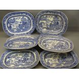 WILLOW PATTERN BLUE & WHITE MEAT PLATTERS (8), two measuring 36 x 45cms, the remainder 32 x 40cms